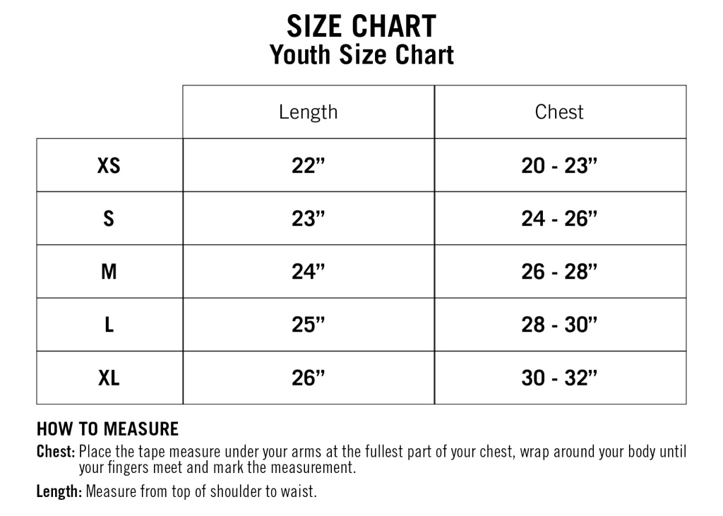 Recover Brands youth shirt size chart