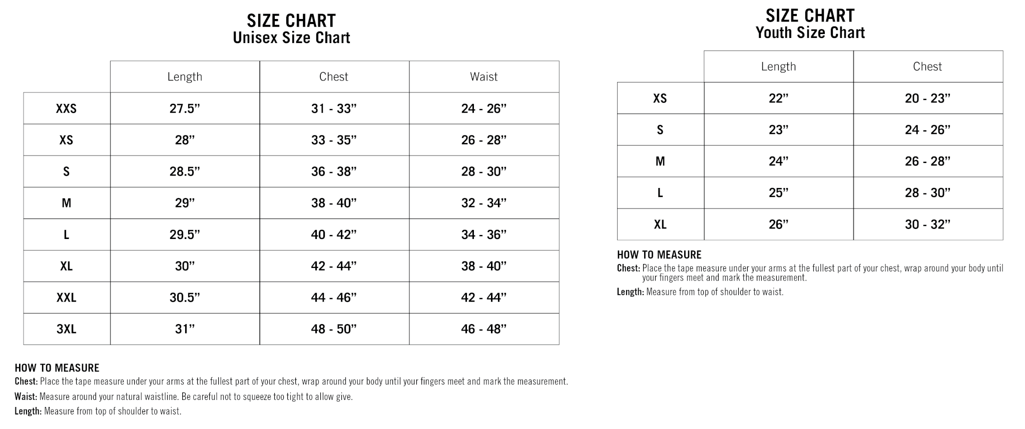 Shirt size chart